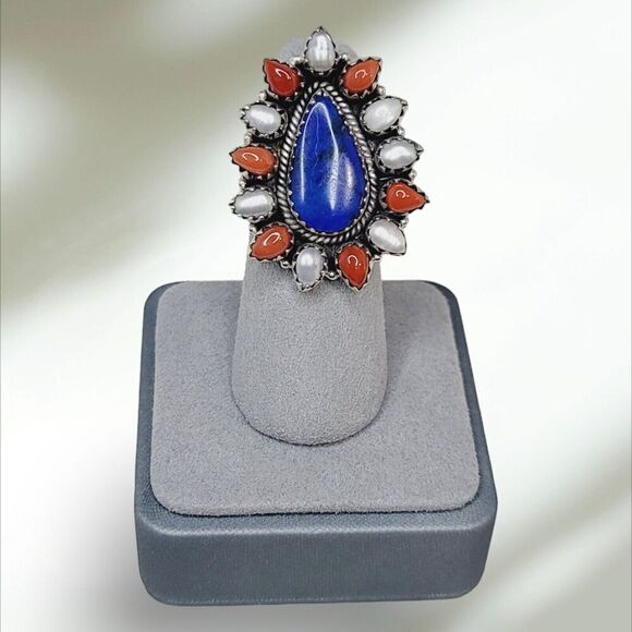Handmade Adjustable Sterling Silver 925 Lapis Coral Pearl Statement Ring S7 - Picture 11 of 12
